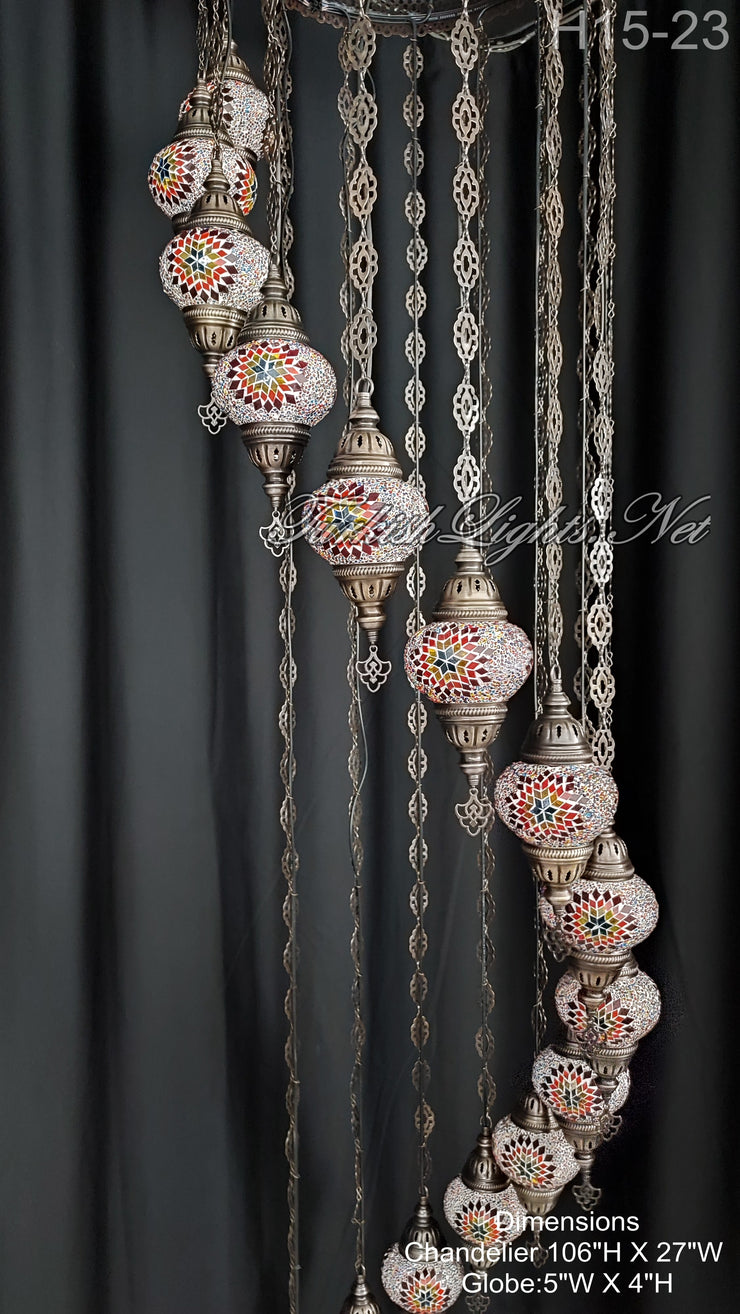 15-BALL TURKISH WATER DROP MOSAIC CHANDELIER MEDIUM GLOBES H15-23