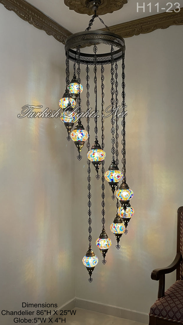 11 (M) BALL TURKISH WATER DROP MOSAIC CHANDELIER WİTH MEDIUM GLOBES 9 TO CHOOSE