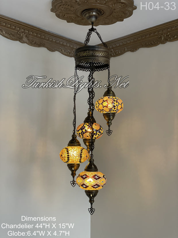 4 (L) BALL TURKISH WATER DROP MOSAIC CHANDELIER WİTH LARGE GLOBES H04-33