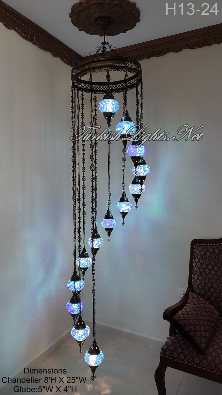 13 (M) BALL TURKISH WATER DROP MOSAIC CHANDELIER WİTH MEDIUM GLOBES 9 TO CHOOSE