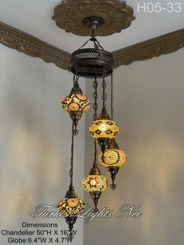 5 (L) BALL TURKISH WATER DROP MOSAIC CHANDELIER WİTH LARGE GLOBES H05-33
