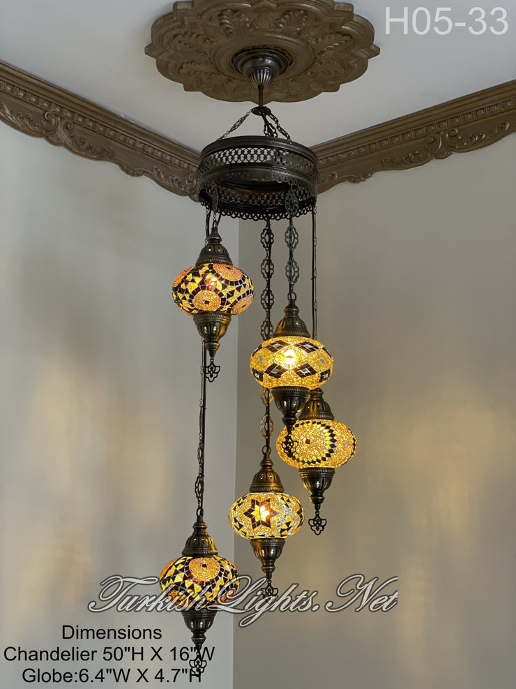 5 (L) BALL TURKISH WATER DROP MOSAIC CHANDELIER WİTH LARGE GLOBES H05-33