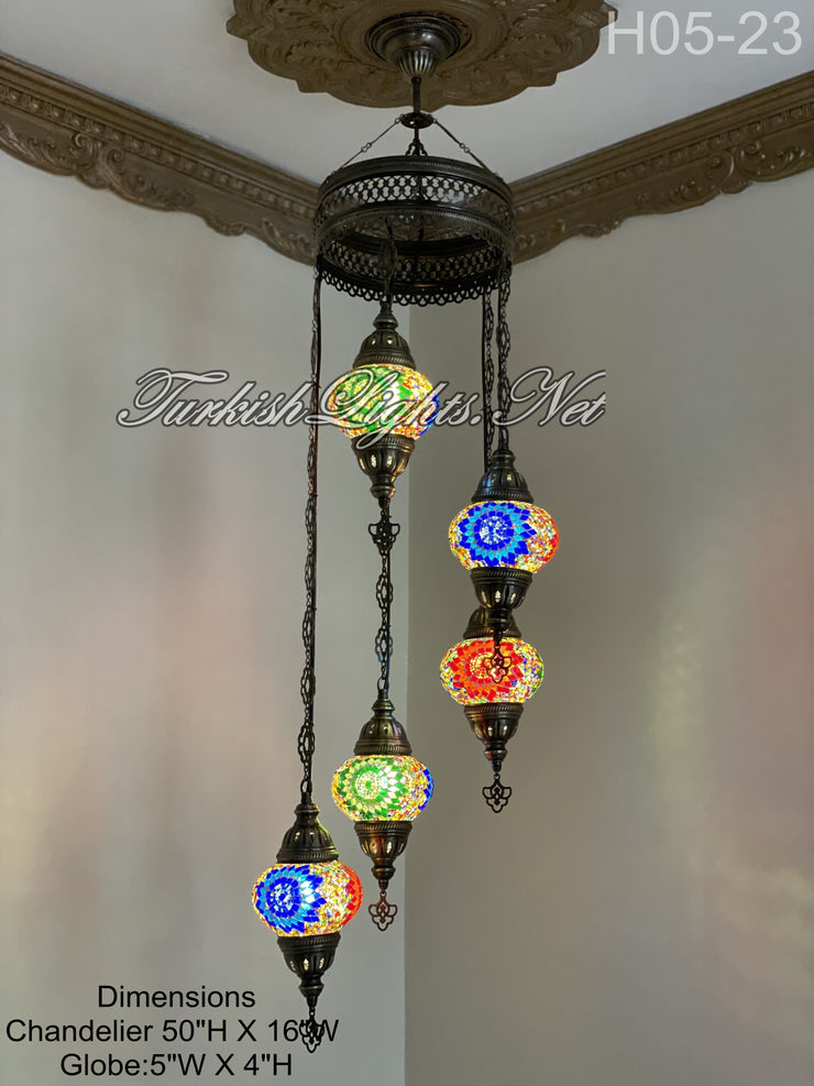 5 (M) BALL TURKISH WATER DROP MOSAIC CHANDELIER WİTH MEDIUM GLOBES H05-23