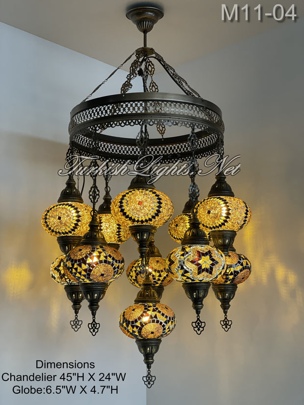 11-BALL TURKISH SULTAN MOSAIC CHANDELIER, LARGE GLOBES ID: M11-04