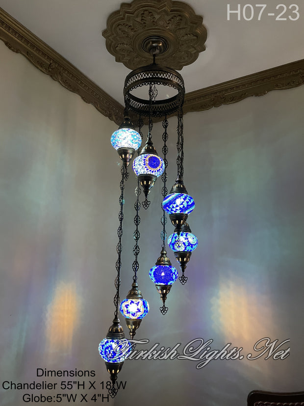 7 (M) BALL TURKISH WATER DROP MOSAIC CHANDELIER WİTH MEDIUM GLOBES H07-23