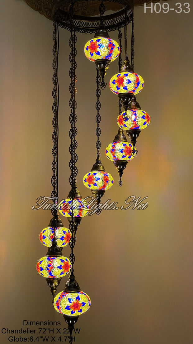 9 (L) BALL TURKISH WATER DROP MOSAIC CHANDELIER WİTH LARGE GLOBES H09-33