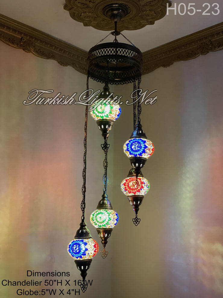 5 (M) BALL TURKISH WATER DROP MOSAIC CHANDELIER WİTH MEDIUM GLOBES H05-23