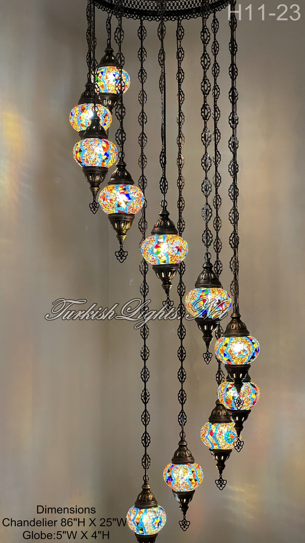 11 (M) BALL TURKISH WATER DROP MOSAIC CHANDELIER WİTH MEDIUM GLOBES H11-23