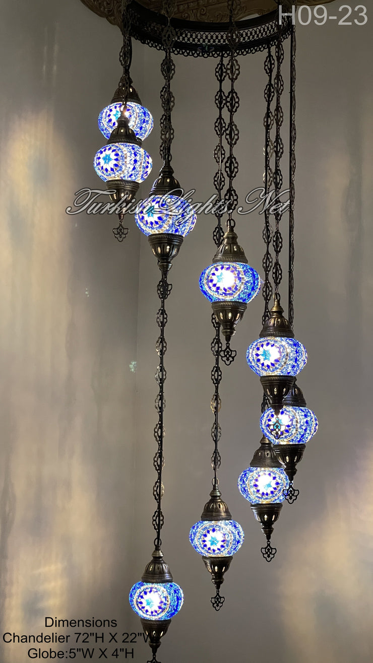 9 (M) BALL TURKISH WATER DROP MOSAIC CHANDELIER WİTH MEDIUM GLOBES H09-23