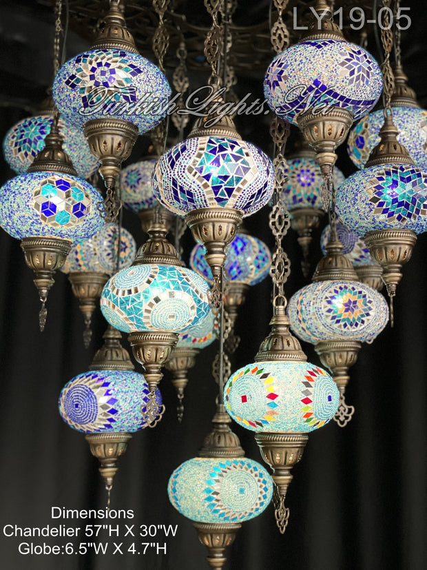 19-BALL TURKISH SULTAN MOSAIC CHANDELIER, LARGE GLOBES 6 TO CHOOSE