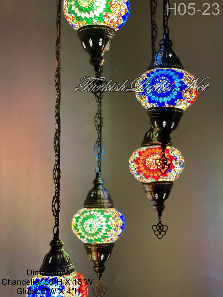 5 (M) BALL TURKISH WATER DROP MOSAIC CHANDELIER WİTH MEDIUM GLOBES H05-23