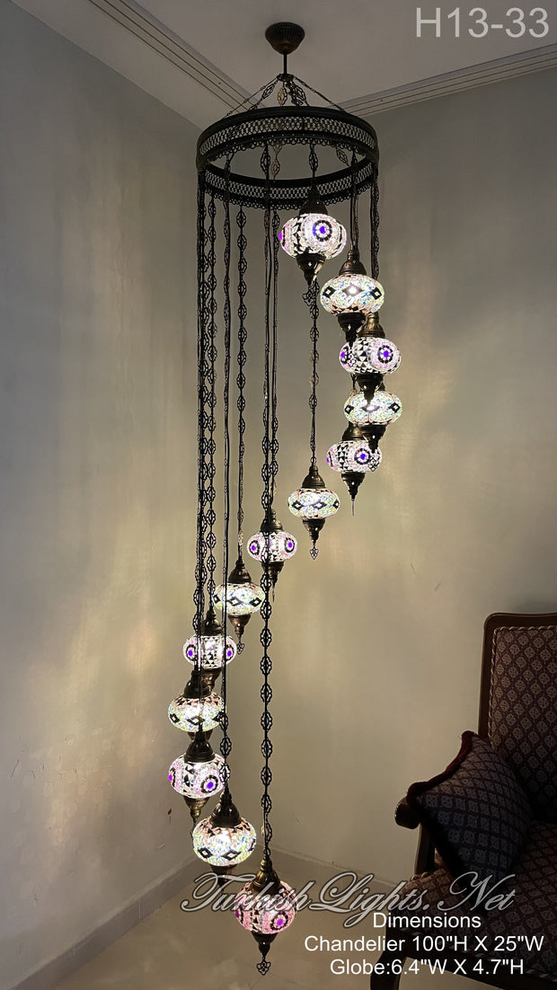 13 (L) BALL TURKISH WATER DROP MOSAIC CHANDELIER WİTH LARGE GLOBES 9 TO CHOOSE