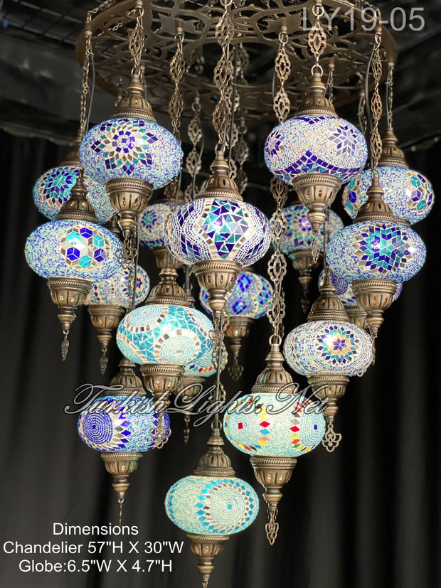 19-BALL TURKISH SULTAN MOSAIC CHANDELIER, LARGE GLOBES ID: LY19-05