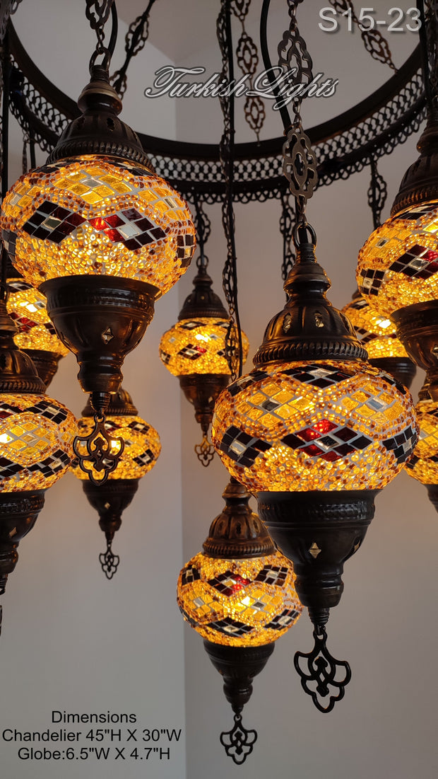 15-BALL TURKISH SULTAN MOSAIC CHANDELIER, MEDİUM GLOBES ID: S15-23