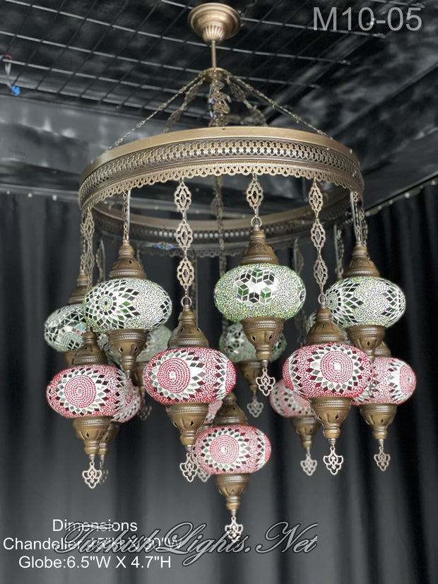 15-BALL TURKISH SULTAN MOSAIC CHANDELIER, LARGE GLOBES ID: M10-05