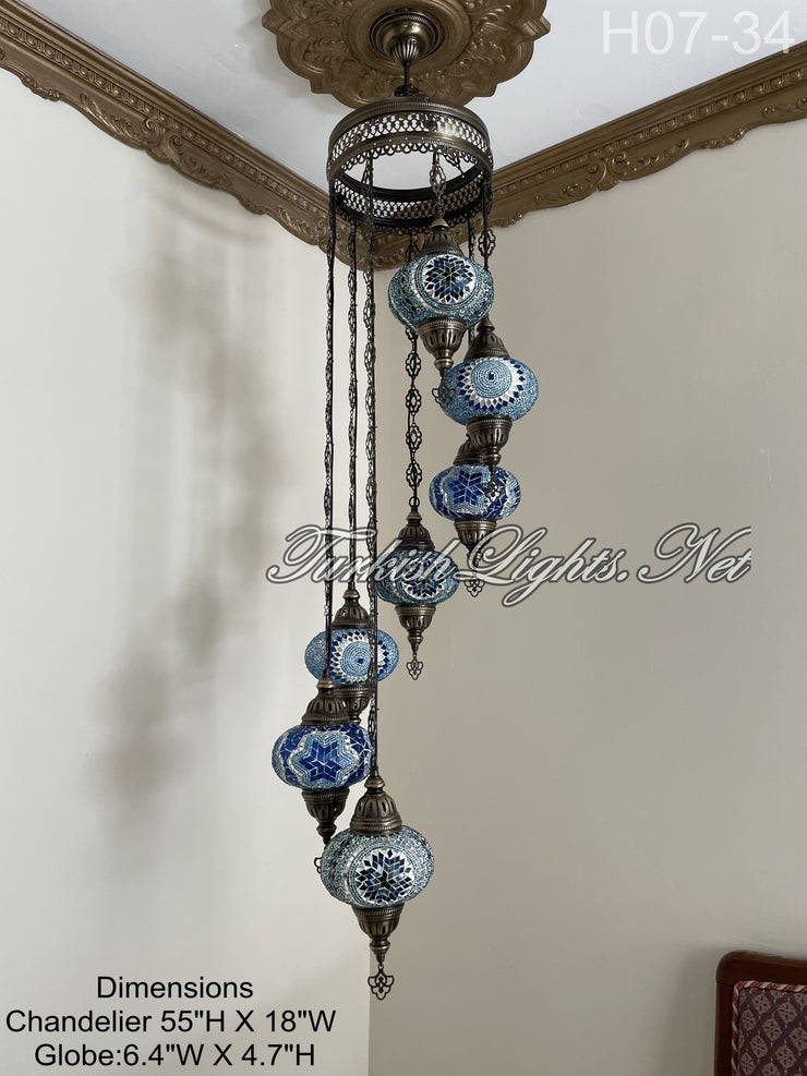 7 (L) BALL TUHRKISH WATER DROP MOSAIC CHANDELIER WİTH LARGE GLOBES H07-34