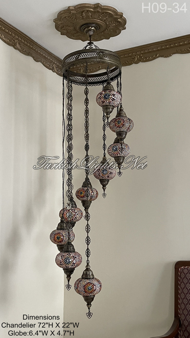 9 (L) BALL TURKISH WATER DROP MOSAIC CHANDELIER WİTH LARGE GLOBES H09-34