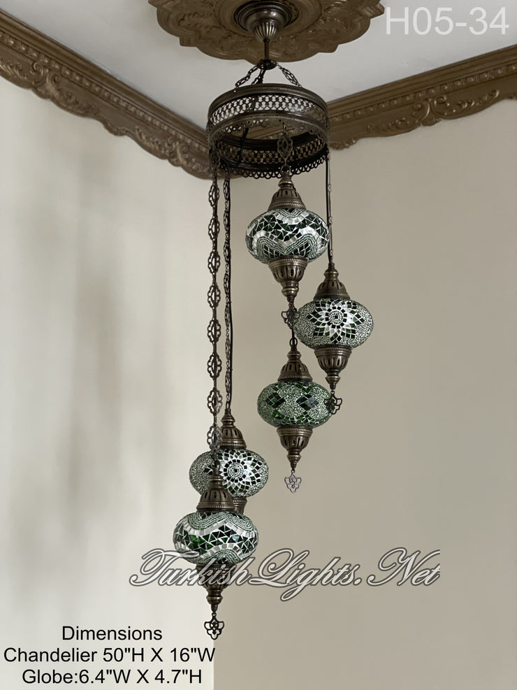 5 (L) BALL TURKISH WATER DROP MOSAIC CHANDELIER WİTH LARGE GLOBES H05-34