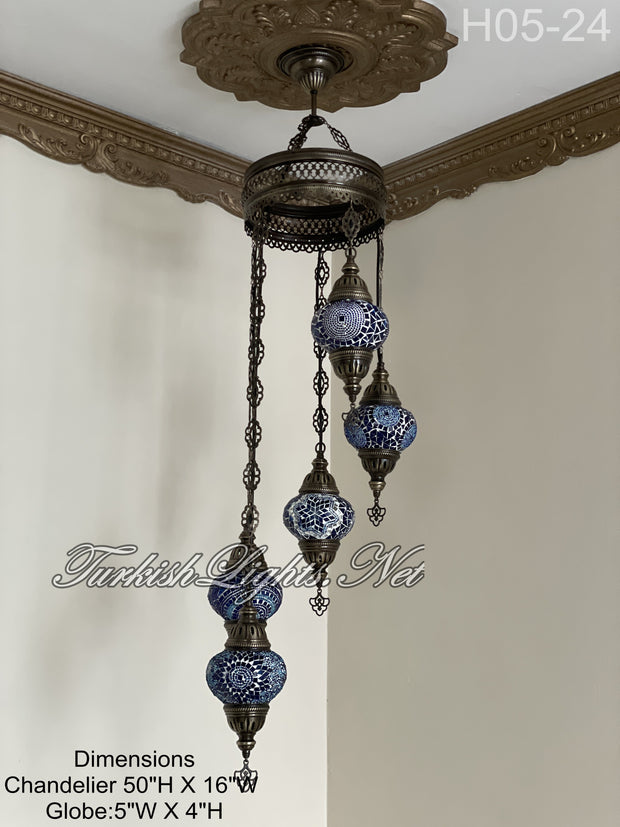 5 (M) BALL TURKISH WATER DROP MOSAIC CHANDELIER WİTH MEDIUM GLOBES H05-24