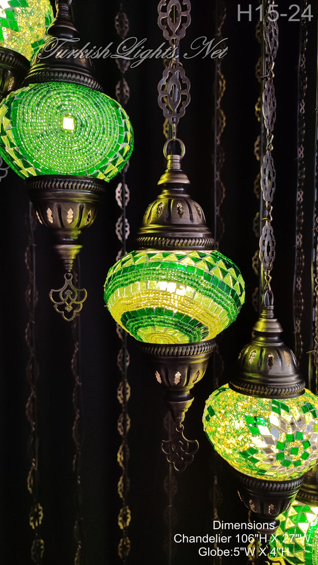 15-BALL TURKISH WATER DROP MOSAIC CHANDELIER MEDIUM GLOBES H15-24