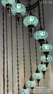 15-BALL TURKISH WATER DROP MOSAIC CHANDELIER WİTH LARGE GLOBES H15-34