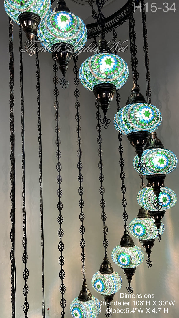 15-BALL TURKISH WATER DROP MOSAIC CHANDELIER WİTH LARGE GLOBES H15-34