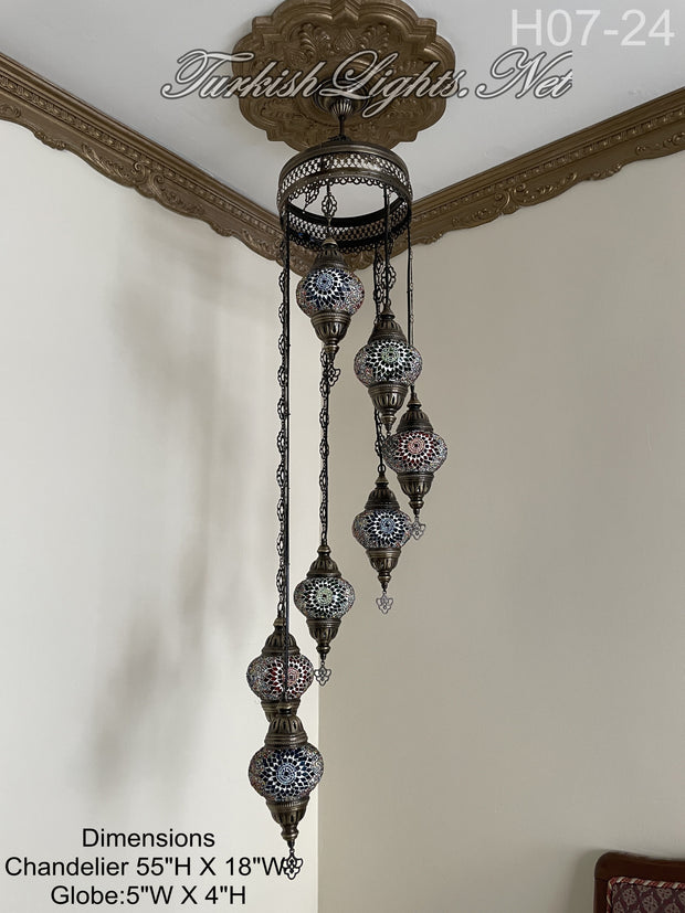 7 (M) BALL TURKISH WATER DROP MOSAIC CHANDELIER WİTH MEDIUM GLOBES H07-24