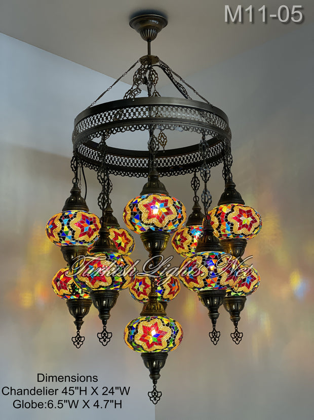 11-BALL TURKISH SULTAN MOSAIC CHANDELIER, LARGE GLOBES ID: M11-05