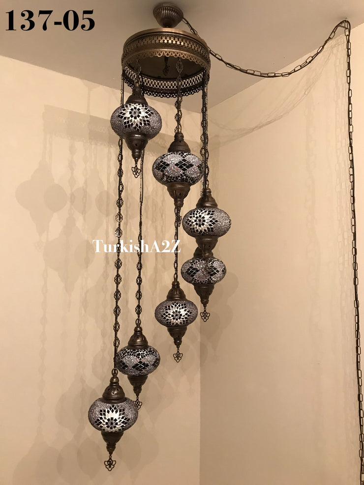 Turkish Mosaic Chandelier with 7 Large- BALL (Swag cable option),ID: 137 - TurkishLights.NET