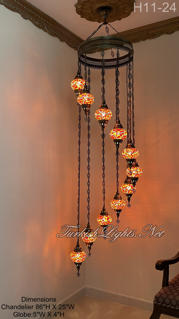 11 (M) BALL TURKISH WATER DROP MOSAIC CHANDELIER WİTH MEDIUM GLOBES H11-24