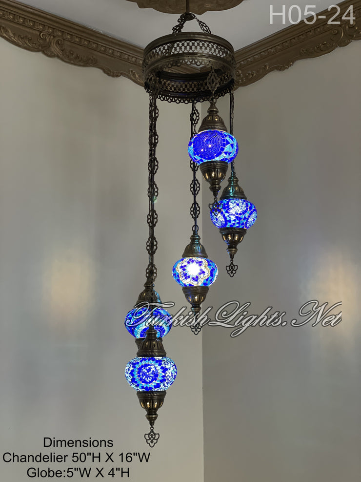 5 (M) BALL TURKISH WATER DROP MOSAIC CHANDELIER WİTH MEDIUM GLOBES H05-24