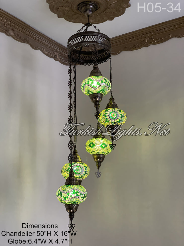 5 (L) BALL TURKISH WATER DROP MOSAIC CHANDELIER WİTH LARGE GLOBES H05-34