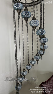 15-BALL TURKISH WATER DROP MOSAIC CHANDELIER WİTH LARGE GLOBES H15-34