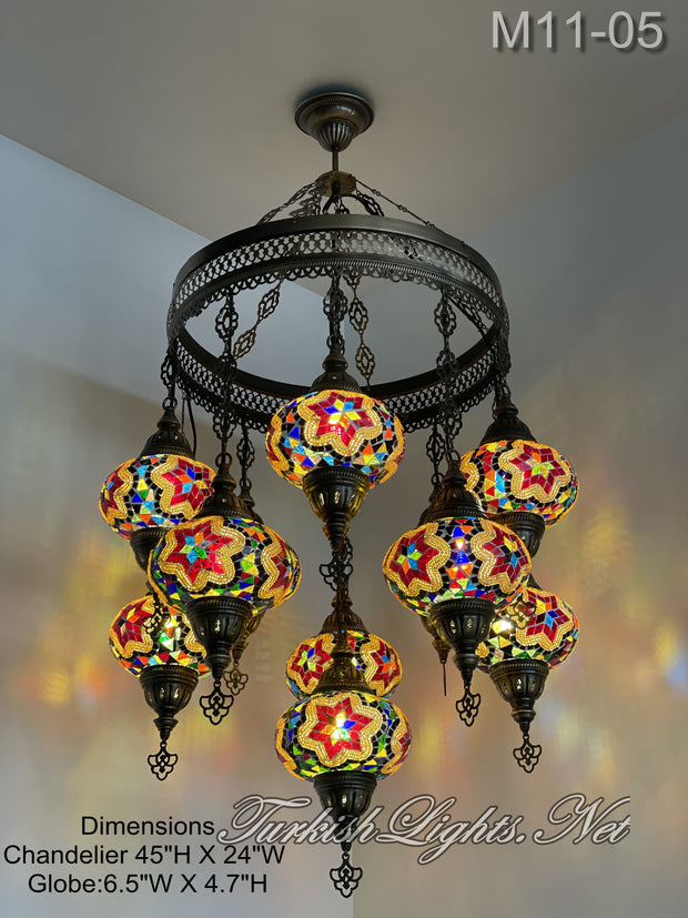 11-BALL TURKISH SULTAN MOSAIC CHANDELIER, LARGE GLOBES 10 TO CHOOSE