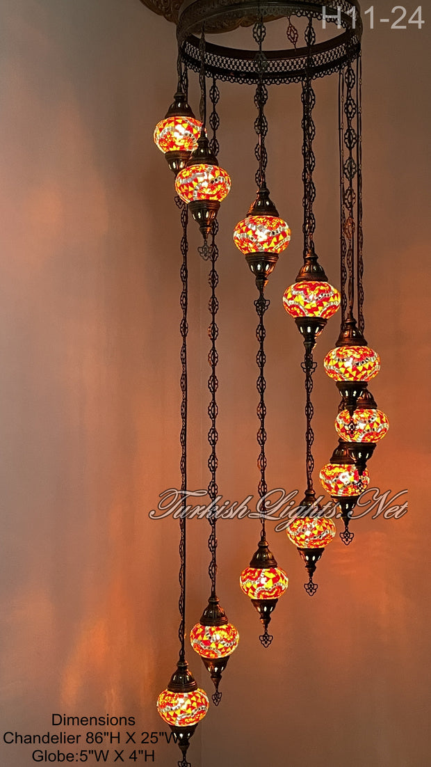 11 (M) BALL TURKISH WATER DROP MOSAIC CHANDELIER WİTH MEDIUM GLOBES H11-24