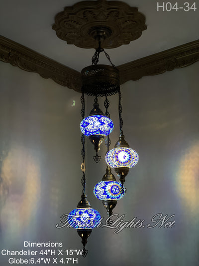 4 (L) BALL TURKISH WATER DROP MOSAIC CHANDELIER WİTH LARGE GLOBES H04-34