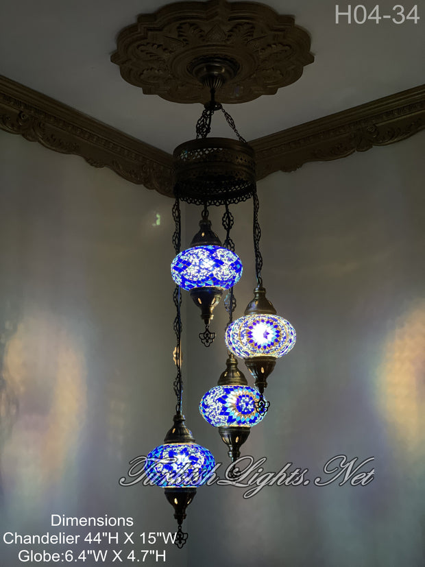 4 (L) BALL TURKISH WATER DROP MOSAIC CHANDELIER WİTH LARGE GLOBES 10 TO CHOOSE