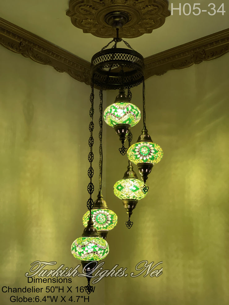 5 (L) BALL TURKISH WATER DROP MOSAIC CHANDELIER WİTH LARGE GLOBES H05-34