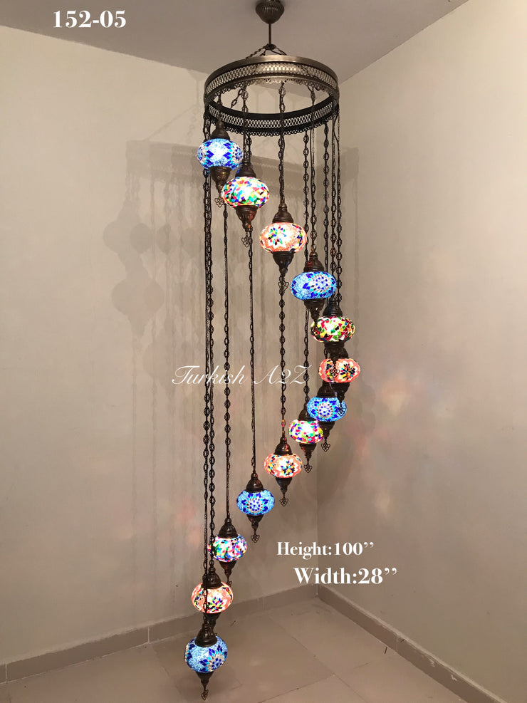 Turkish Mosaic Chandelier with 13 Large Globes (water drop model) , ID:152 - TurkishLights.NET