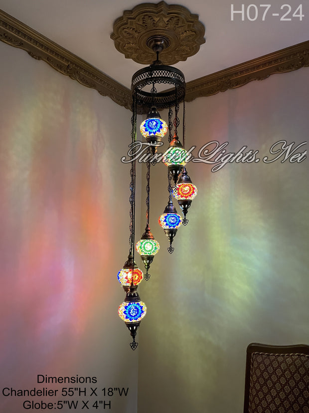 7 (M) BALL TURKISH WATER DROP MOSAIC CHANDELIER WİTH MEDIUM GLOBES H07-24