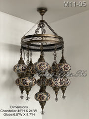 11-BALL TURKISH SULTAN MOSAIC CHANDELIER, LARGE GLOBES ID: M11-05