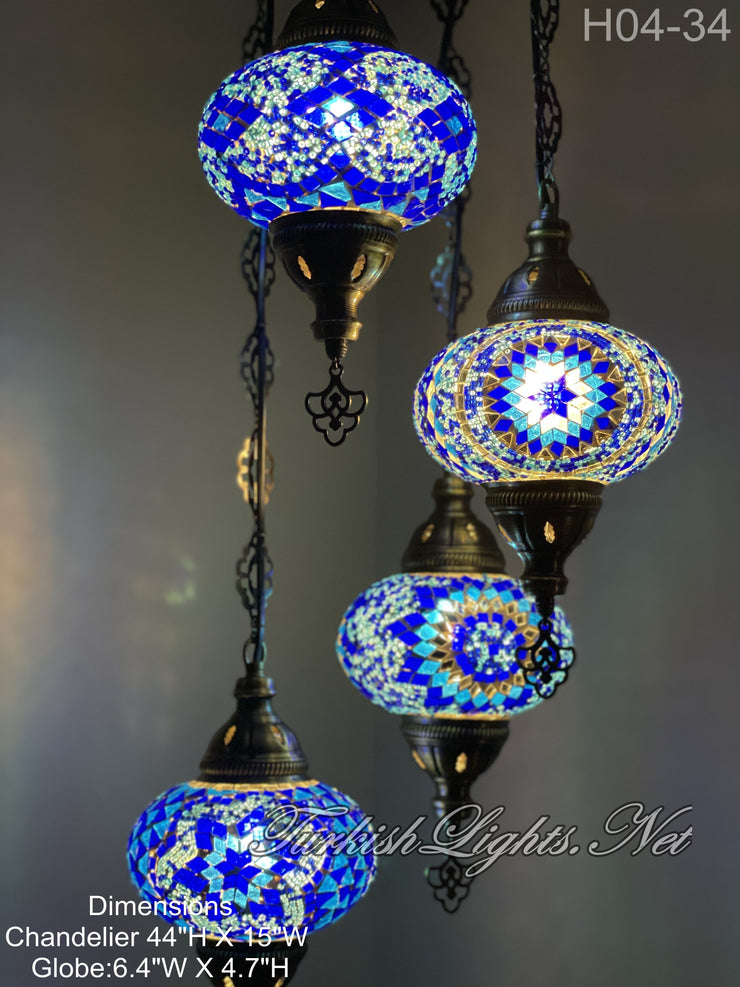 4 (L) BALL TURKISH WATER DROP MOSAIC CHANDELIER WİTH LARGE GLOBES H04-34