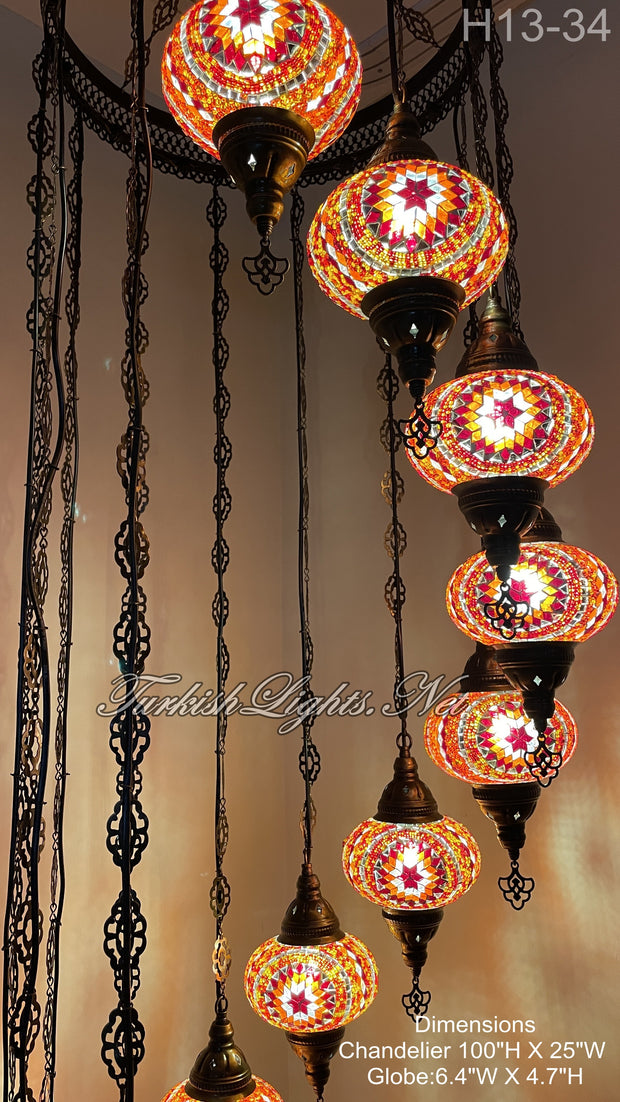 13 (L) BALL TURKISH WATER DROP MOSAIC CHANDELIER WİTH LARGE GLOBES H13-34