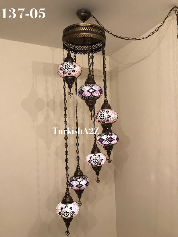 Turkish Mosaic Chandelier with 7 Large- BALL (Swag cable option),ID: 137 - TurkishLights.NET
