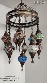 15-BALL TURKISH SULTAN MOSAIC CHANDELIER, MEDİUM GLOBES ID: S15-24