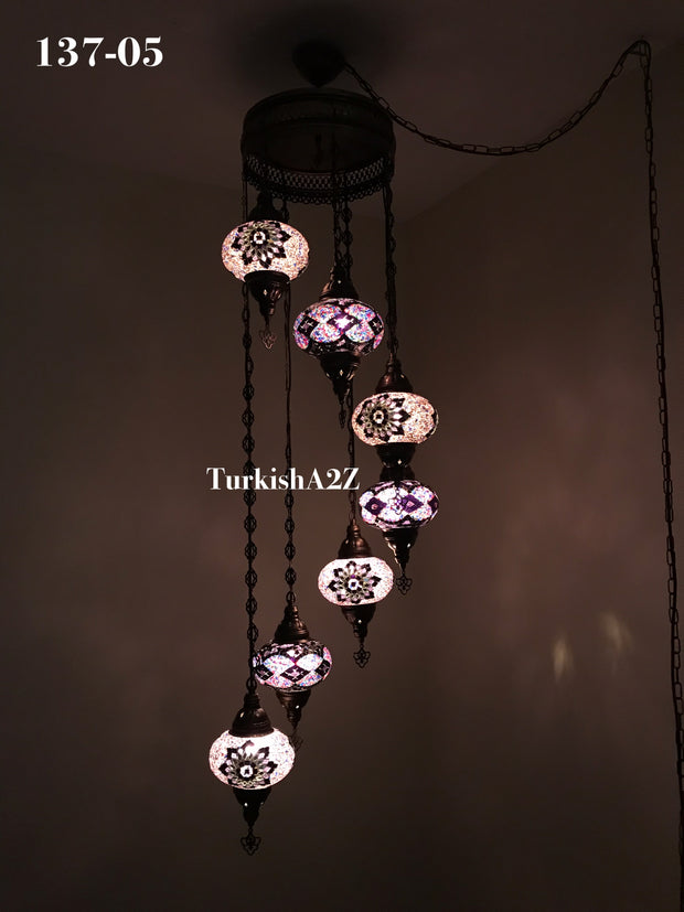 Turkish Mosaic Chandelier with 7 Large- BALL (Swag cable option),ID: 137 - TurkishLights.NET