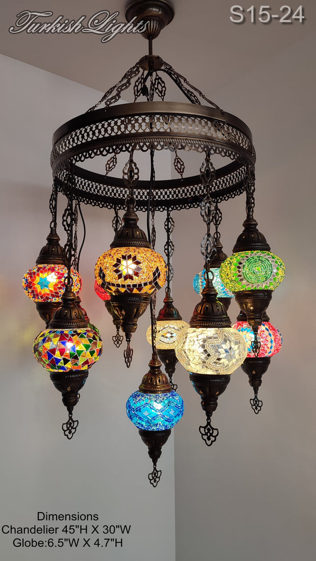 15-BALL TURKISH SULTAN MOSAIC CHANDELIER, MEDİUM GLOBES 15 TO CHOOSE