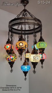 15-BALL TURKISH SULTAN MOSAIC CHANDELIER, MEDİUM GLOBES ID: S15-24