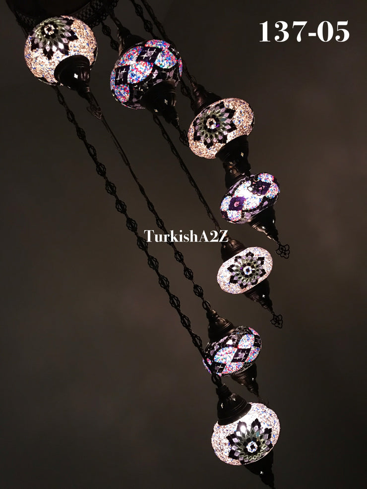 Turkish Mosaic Chandelier with 7 Large- BALL (Swag cable option),ID: 137 - TurkishLights.NET