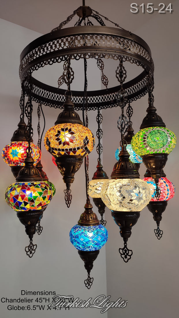 15-BALL TURKISH SULTAN MOSAIC CHANDELIER, MEDİUM GLOBES ID: S15-24